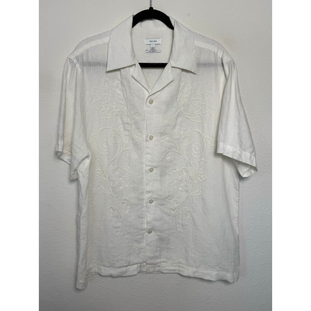 REISS Linen Embroidered Camp Shirt Mens Large White Relaxed Fit Resort